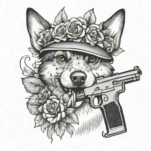 A Dog With A Flower Crown Holding A Gun In Its Mouth