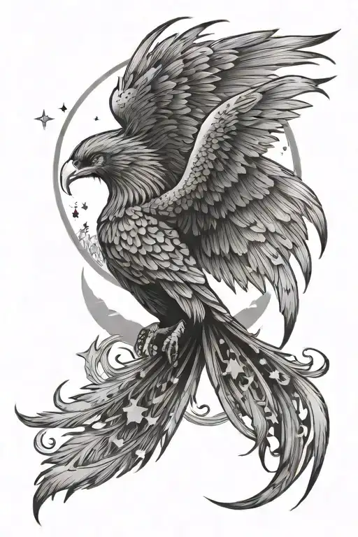 Pheonix Rising With Moon And Stars Above Its Head With Mountains