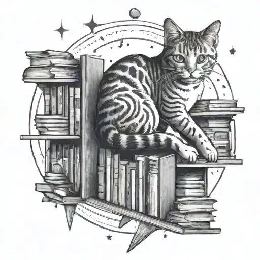 A Bookshelf Filled With Books About Cats Floating In Outer Space