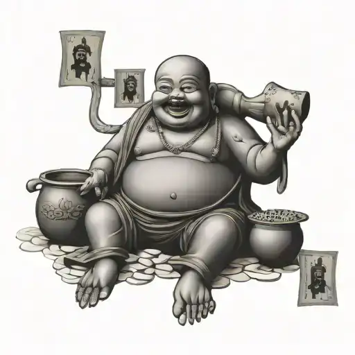 Laughing Buddah With Coins And Money Pots