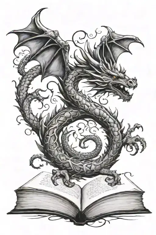 An Intricate Design Of A Dragon Curled Around A Book Of Nature Poems