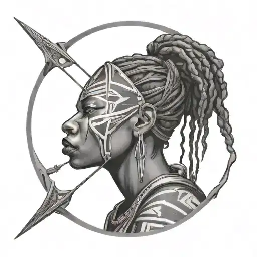 Face Tattoo Of Angry African Woman With Bow And Arrow And Sword Going Into Battle