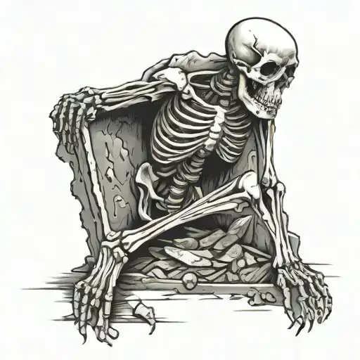 A Skeleton In A Grave Eating Meat Given By A Gravedigger