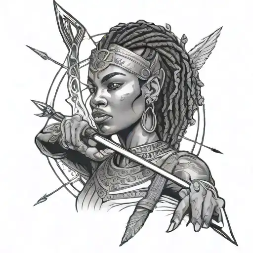 Face Tattoo Of Angry African Woman With Bow And Arrow And Sword Going Into Battle