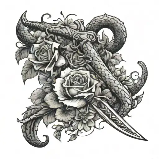 A Black And Grey Tattoo Of A Sword Piercing Through A Bed Of Flowers With A Snake Wrapped Around It