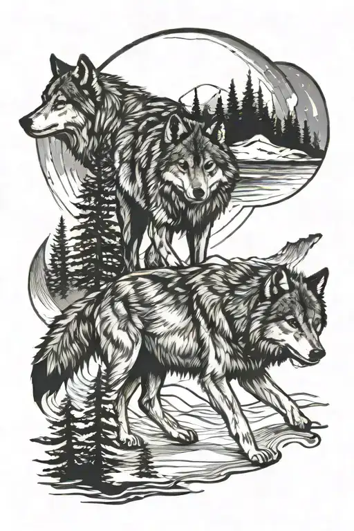 Wolf Pack Hunting Under The Northern Lights Combining