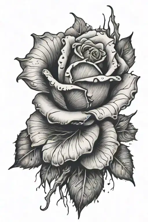 A Black-grey Tattoo Of A Therror-infused Rose In A Realistic Decayed State