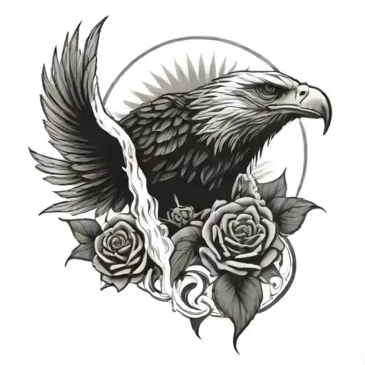 Eagle In Front Of Rising Sun With Roses