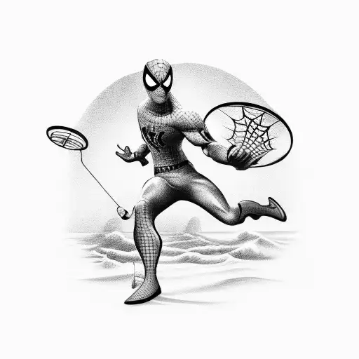 Create A Black-grey Tattoo Featuring Spiderman Playing Disc Golf On A Beach
