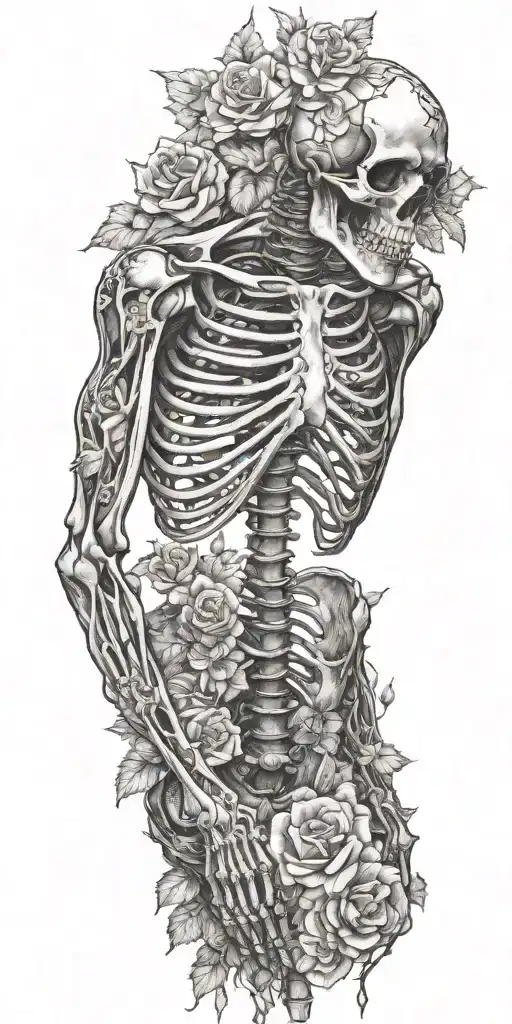 A Full Skeleton With Ribs Arms Legs Laying In A Rose Bed Wrapped In Vines And Flowers
