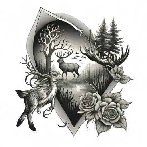 Trees With Deer And Fish And A Pind With Rose