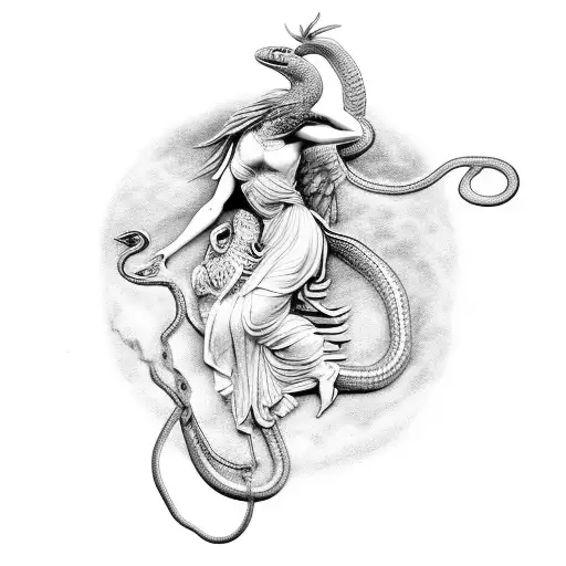 A Greek Mythology-inspired Scene Featuring A Snake And A Phoenix In A Black-grey Style