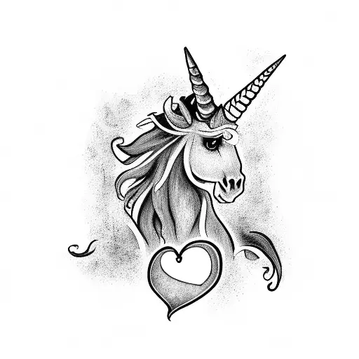 A Black And Grey Tattoo Of A Horror-inspired Design With A Unicorn And A Heart
