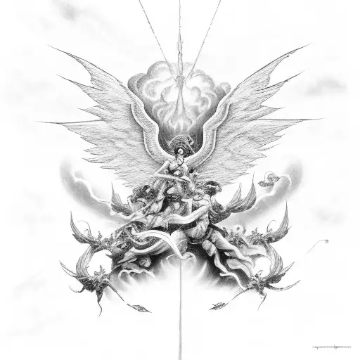 A Group Of Angels And Demons Engaged In An Epic Aerial Battle Amidst Dark Storm Clouds