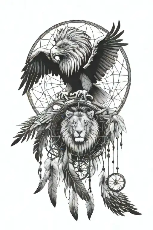 Lion Eagle Dreamcatcher Realistic Geometric Design Incorporating