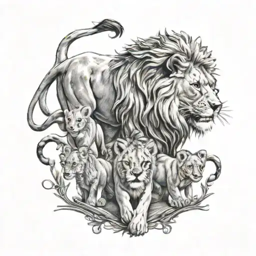 Design A Back Tattoo Of A Lion And 6 Cubs Playing Together