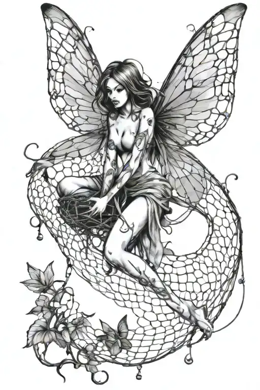 A Fairy Hanging Upside Down From Sipider Net And Her Wings Are Spread