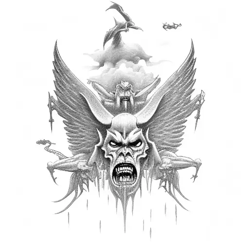 A Group Of Angels And Demons Engaged In An Epic Aerial Battle Amidst Dark Storm Clouds