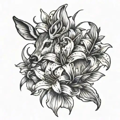 A Doe Behind A Bouquet Of Lily Flowers In The Left Bottom Corner