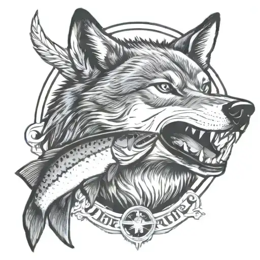 Wolf With A Trout In Its Mouth In A Badge Surrounded