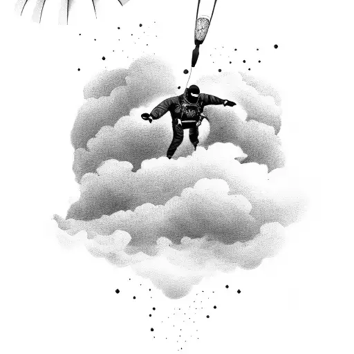 A Black And Grey Depiction Of A Skydiver Descending Through The Clouds With A Parachute