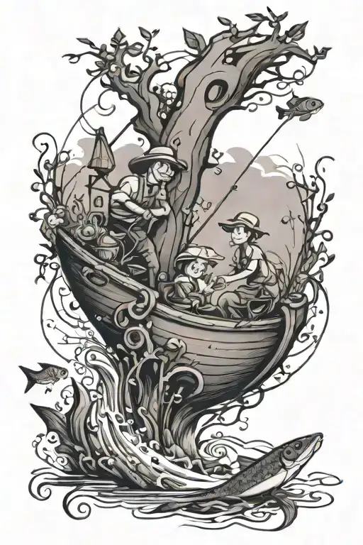 A Disney-inspired Tattoo Featuring A Whimsical Fishing Scene With Beloved Characters