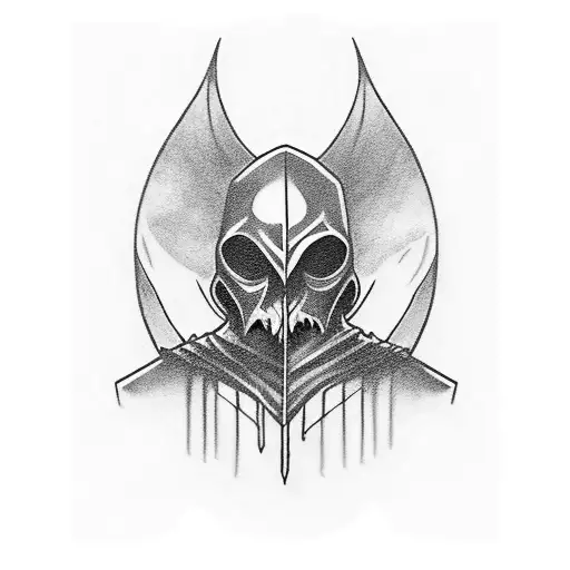 Tattoo Art Of A Dark Hooded Figure Armed With A Sharpened Gleaming Steel Sword That Reaps Hearts