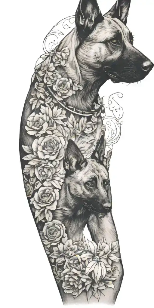 Sleeve With Nursing Symbology And A Small Belgian Malinois Walking Away