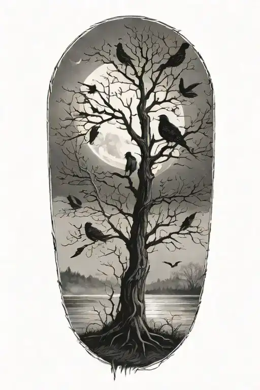 Tree With Birds Sitting In It And Moon In The Background