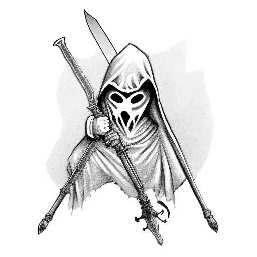 Hooded Figure With A Sword Strapped To His Back That Reaps Heart