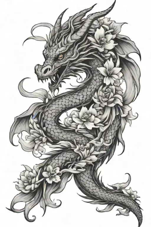 Feminine Dragon With Clouds And Flowers