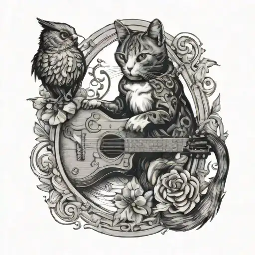 An Intricate Tattoo Featuring A Cat And Bird Playing Together In A Musical Setting