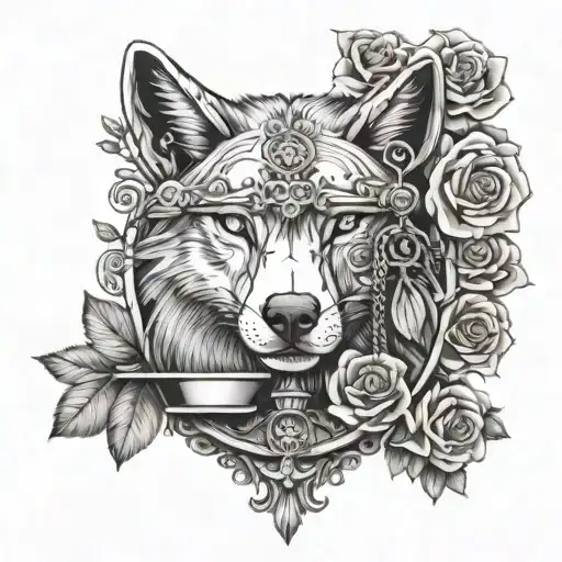 Libra Scale And Wolf Blended By Roses