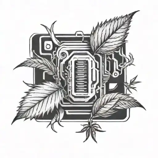 A Black-grey Tattoo Of A Computer Chip Morphing Into A Cannabis Leaf
