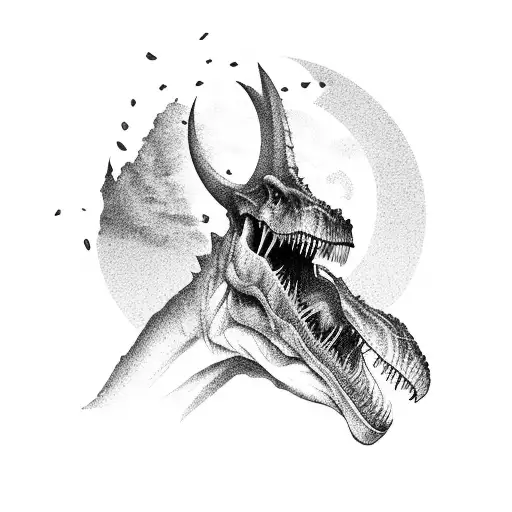 A Dark And Brooding Landscape With A Raging Sun And A Silhouette Of A Tyrannosaurus Rex