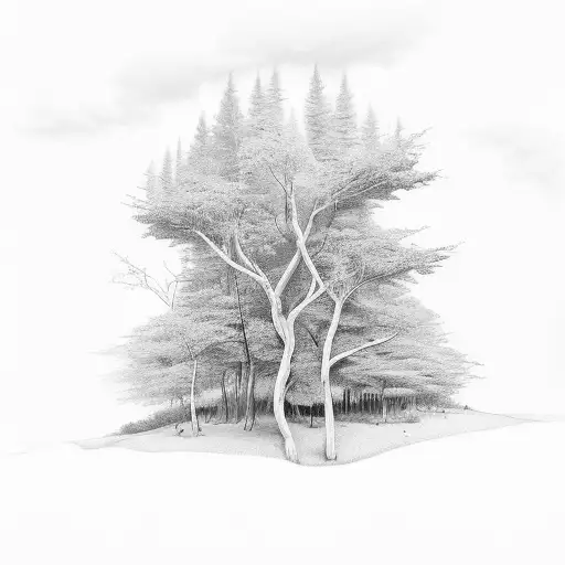 A Black And Grey Tattoo Of A Path Winding Through A Forest