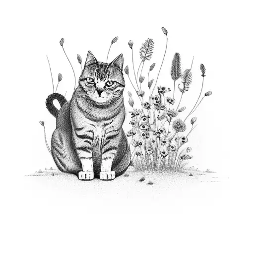 A Minimalist Black And Grey Design Featuring A Cat Sitting Amidst A Field Of Wildflowers
