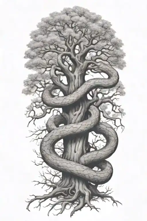 Snake Wrapped Around A Full Oak Tree With Branches