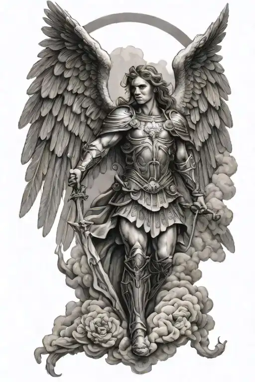Archangel Michael With Clouds And Gates Of Heaven Behind Hin