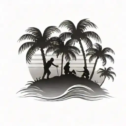 Incorporate A Silhouette Of A Dad Playing With His Kids Under A Palm Tree Into A Tattoo Design