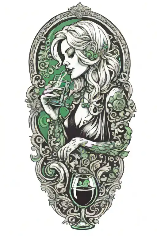 Silver Haired Girl Drinking Green Plasma From A Wine Glass In A Music Themed Background