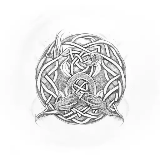 European Dragon Made Of Celtic Knots As A Ouroboros Holding A Spiral Triskelion