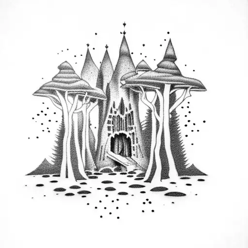 A Dotwork Tattoo Depicting A Gothic Rainforest With Hidden Mining Elements
