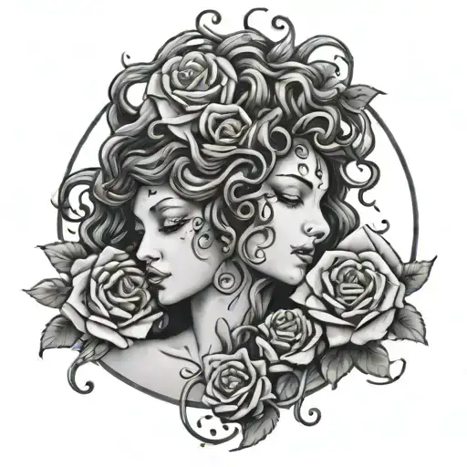 Medusa Tattoo With Snake Hair And Half Crease Moon On Forehead With Roses
