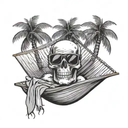 A Skull Wearing Sunglasses Relaxing In A Hammock Between Two Palm Trees