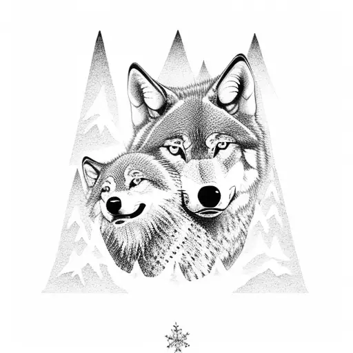 A Dotwork Tattoo Of A Wolf And Its Family Standing Atop A Snowy Mountain Peak