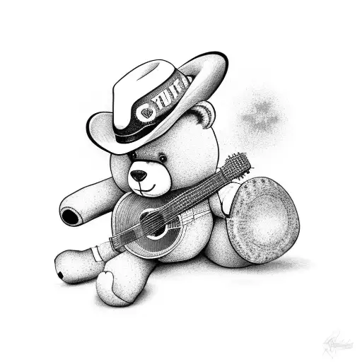Teddy Bear With A Cowboy Hat And A Guitar