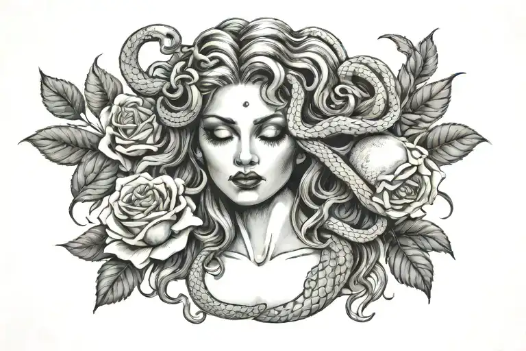 Medusa Tattoo With Snake Hair And Half Crease Moon On Forehead With Roses