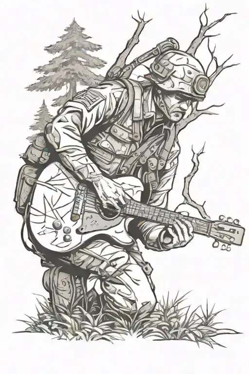 A Soldier Playing Guitar In A Forest With Mortars Hidden Among The Trees