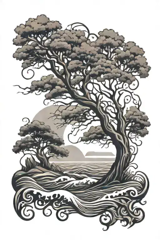 Family Tree And Sea Wave